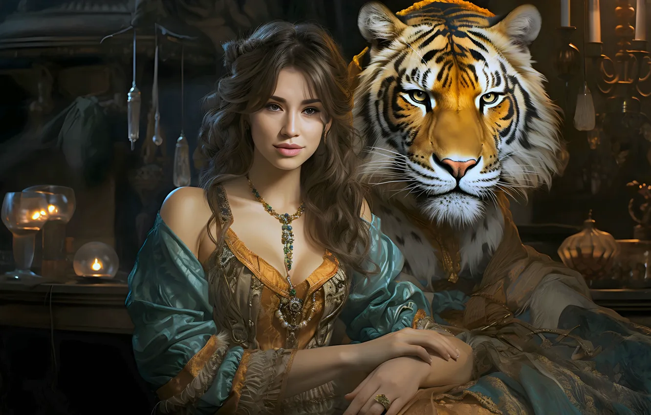 Photo wallpaper girl, tiger, animal, art