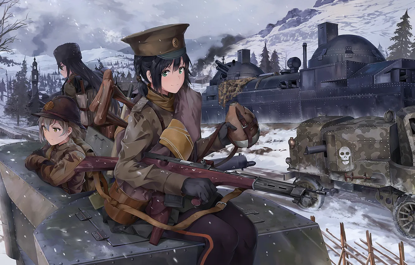 Photo wallpaper winter, girl, weapons, soldiers, tank