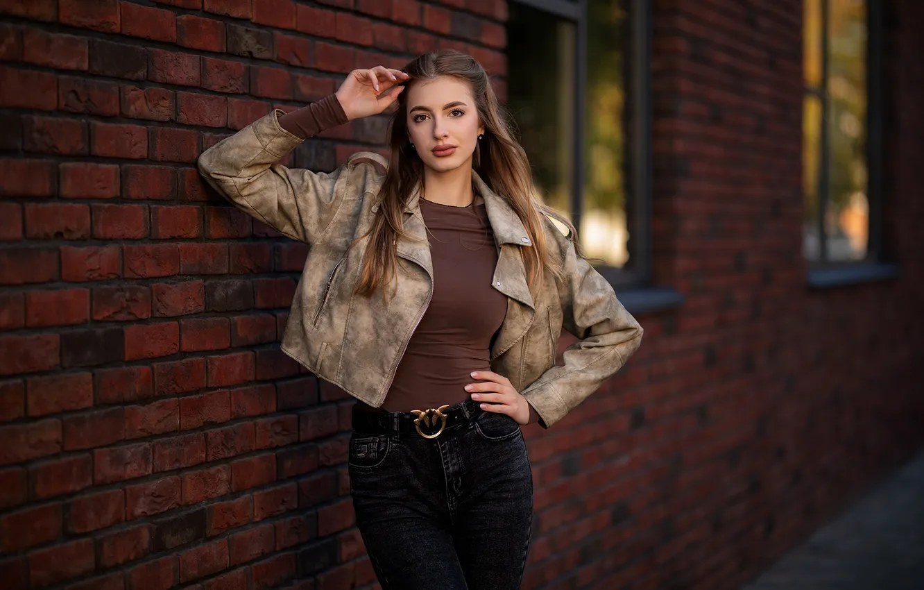 Photo wallpaper look, girl, pose, wall, jeans, hands, jacket, long hair