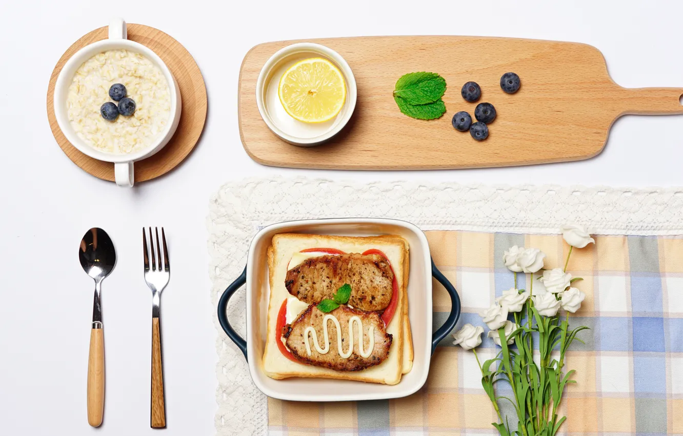 Photo wallpaper berries, lemon, tea, food, chicken, Breakfast, cheese, blueberries