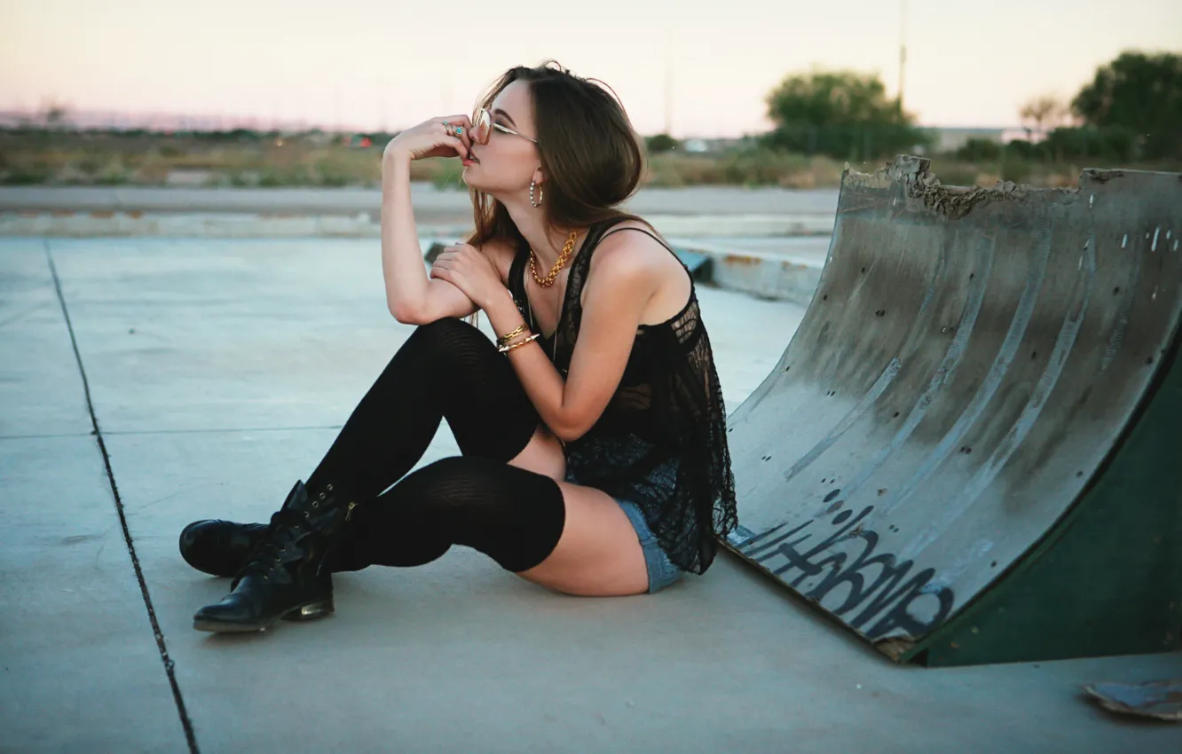 Photo wallpaper girl, shorts, stockings, beautiful, model, glasses