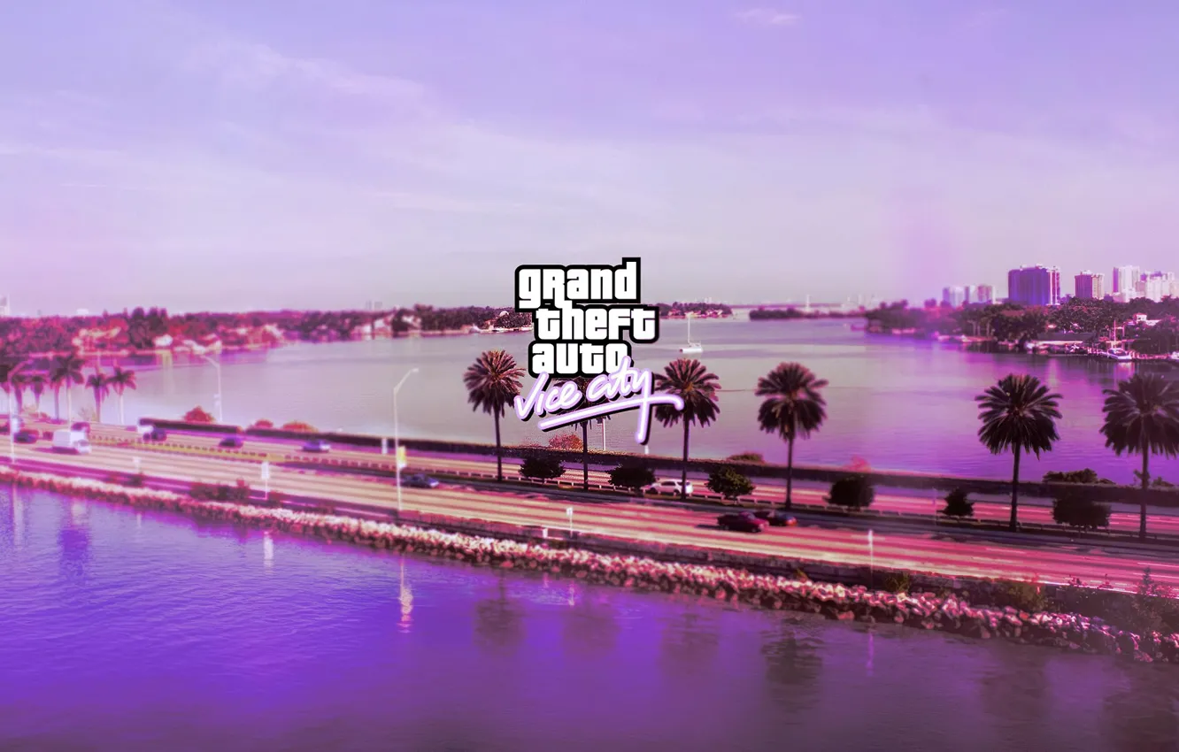 Photo wallpaper road, the sky, landscape, the city, palm trees, Grand Theft Auto: Vice City