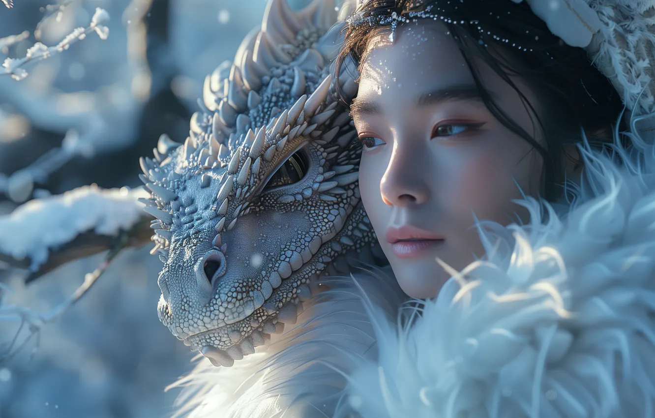 Photo wallpaper winter, look, girl, light, snow, face, pose, dragon