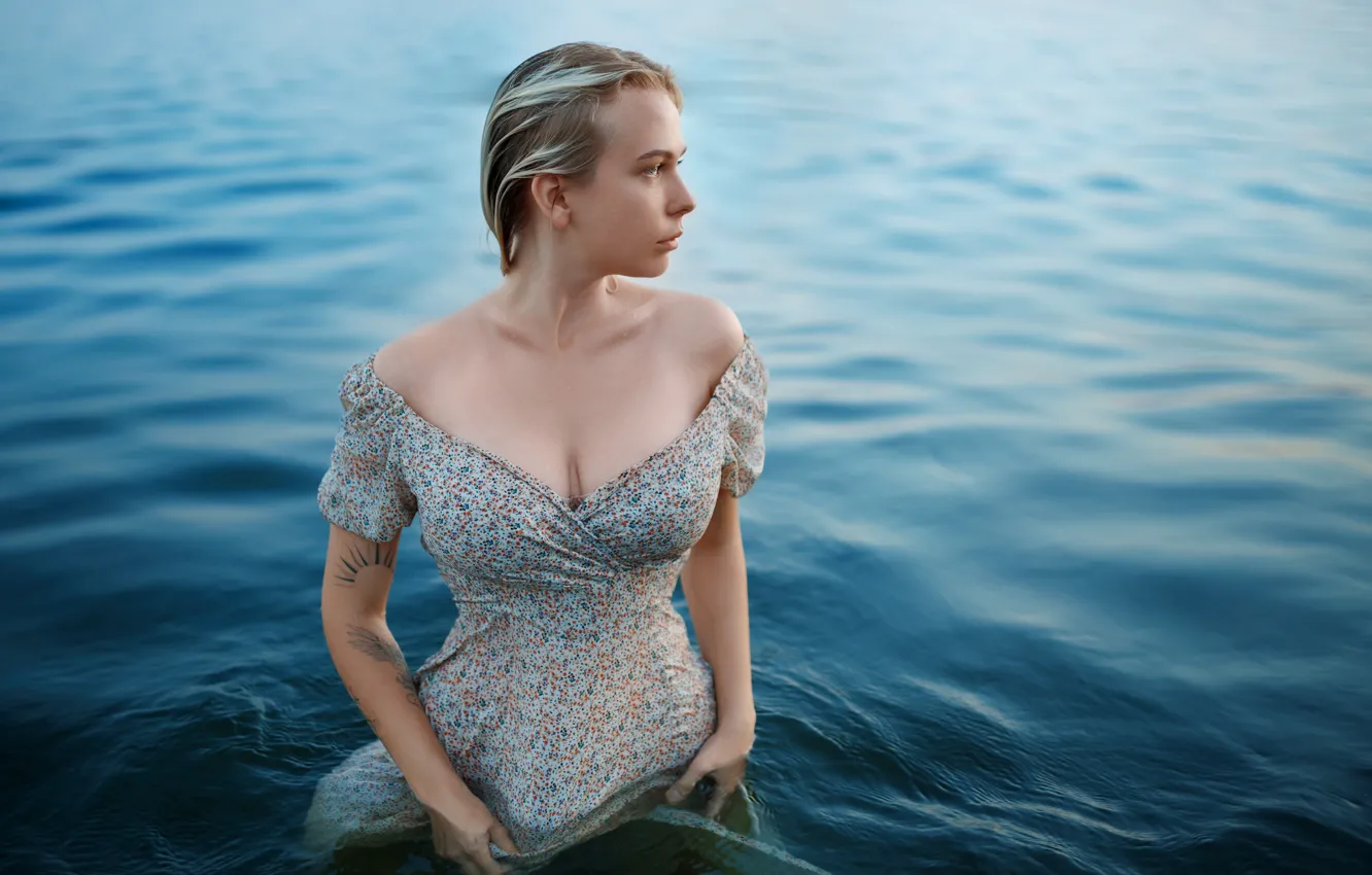 Photo wallpaper water, girl, pose, river, the situation, dress, neckline, Ilya Shatokhin