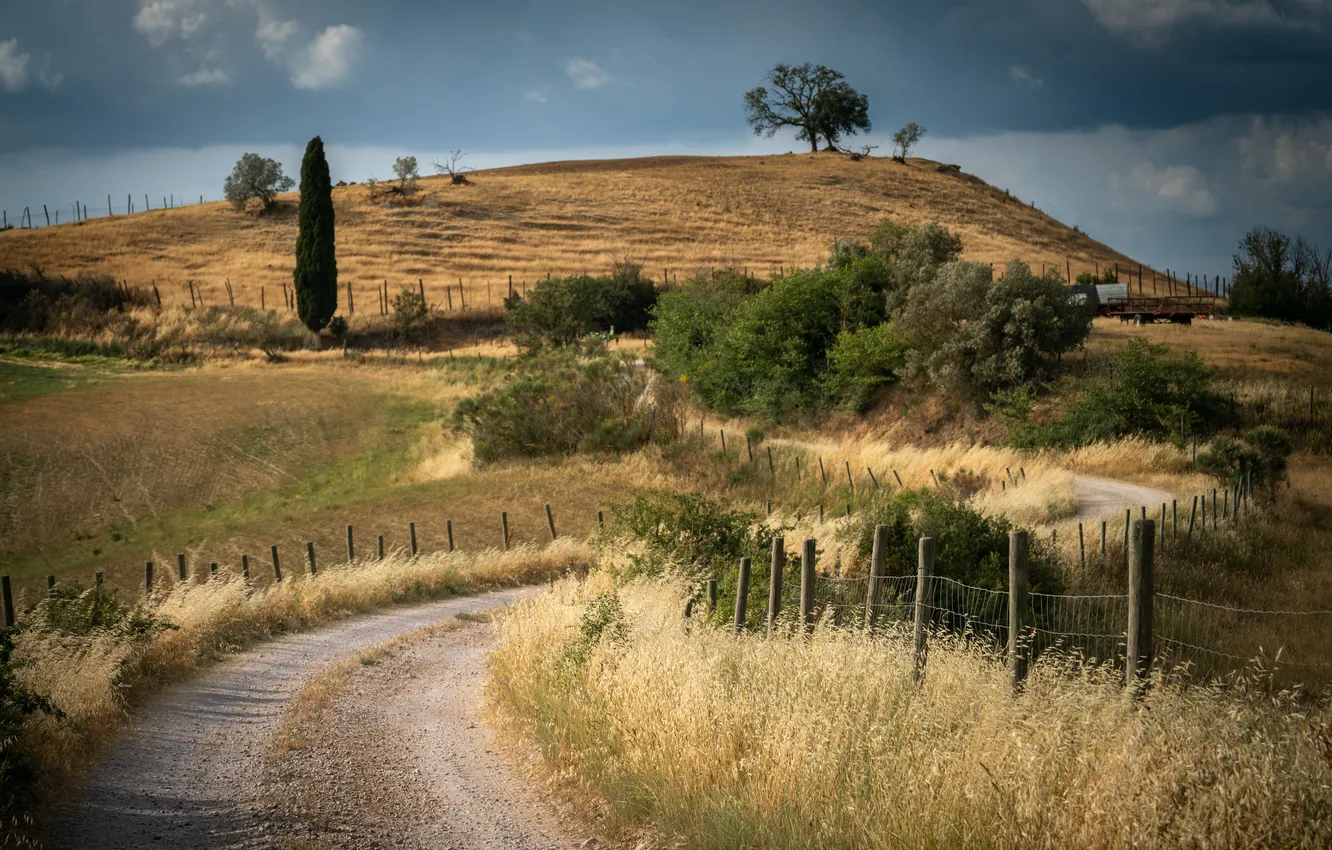 Photo wallpaper road, hills, fence