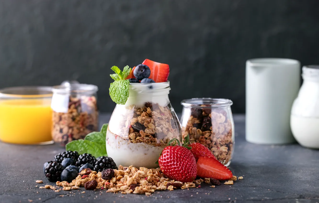 Photo wallpaper strawberry, jars, muesli, yogurt, Roman Dbree