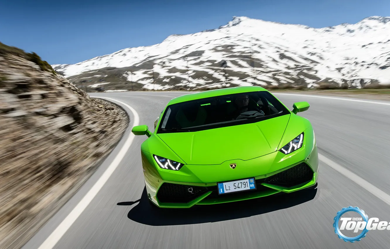Photo wallpaper Lamborghini, Top Gear, Green, Front, Supercar, Huracan, LP610-4, Mountain Road