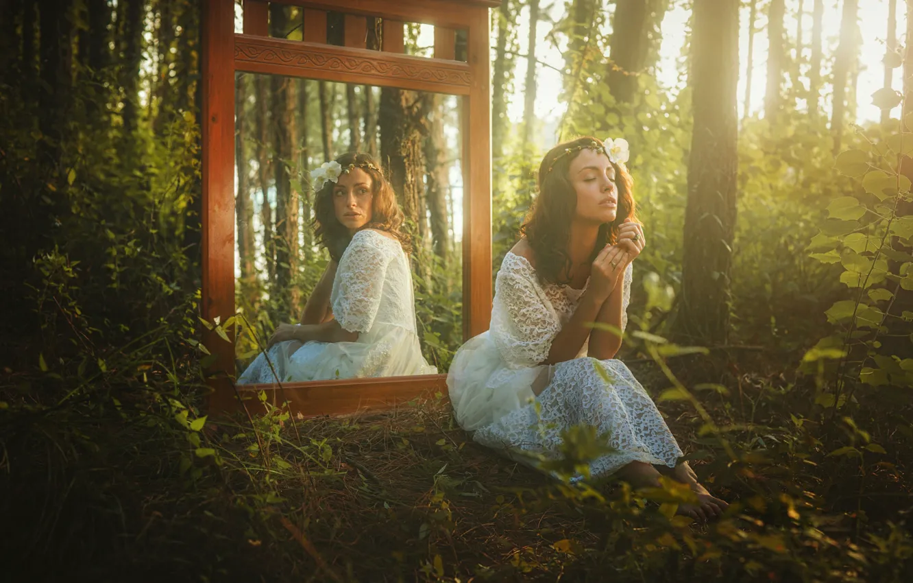 Photo wallpaper forest, look, girl, reflection, mirror