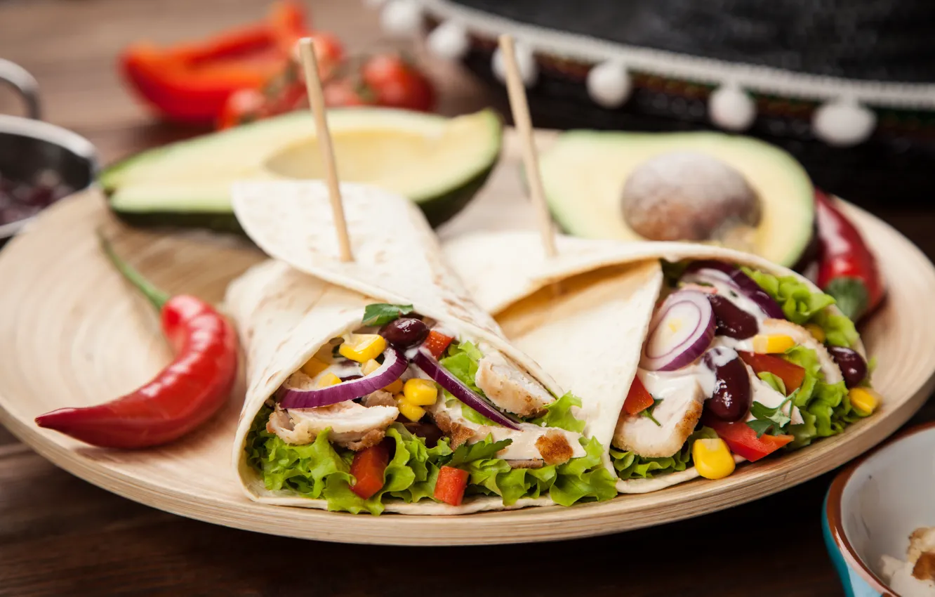 Photo wallpaper bow, meat, vegetables, food, Mexican, pita, pellet, tortillla