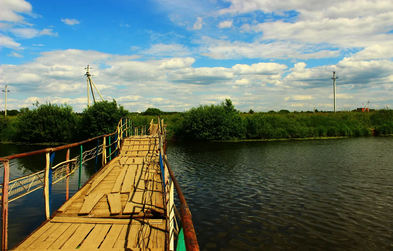 Photo wallpaper greens, the sky, water, river, vegetation, Bridge, Kokshaga