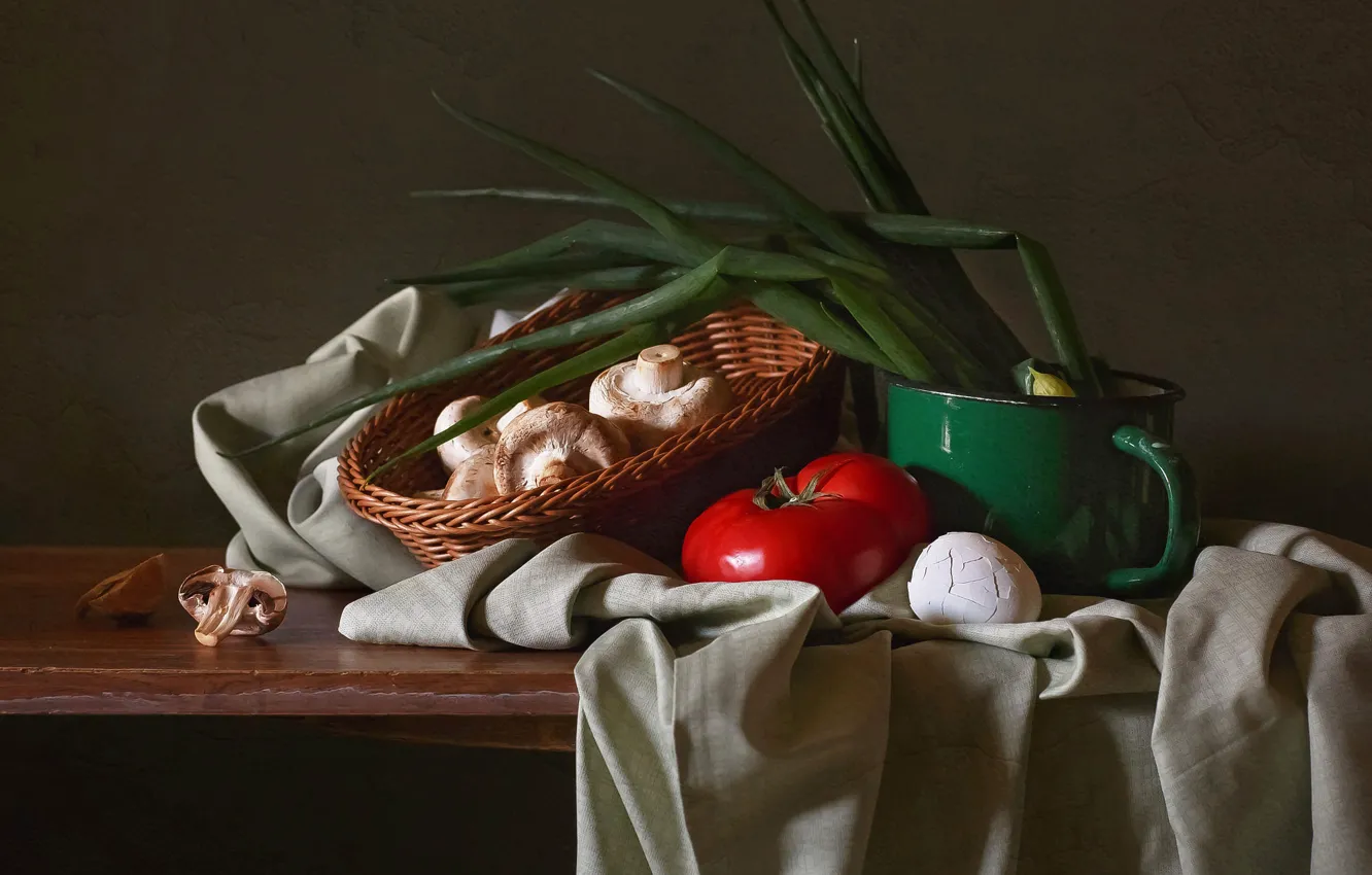 Photo wallpaper red, green, table, mushrooms, eggs, bow, mug, fabric