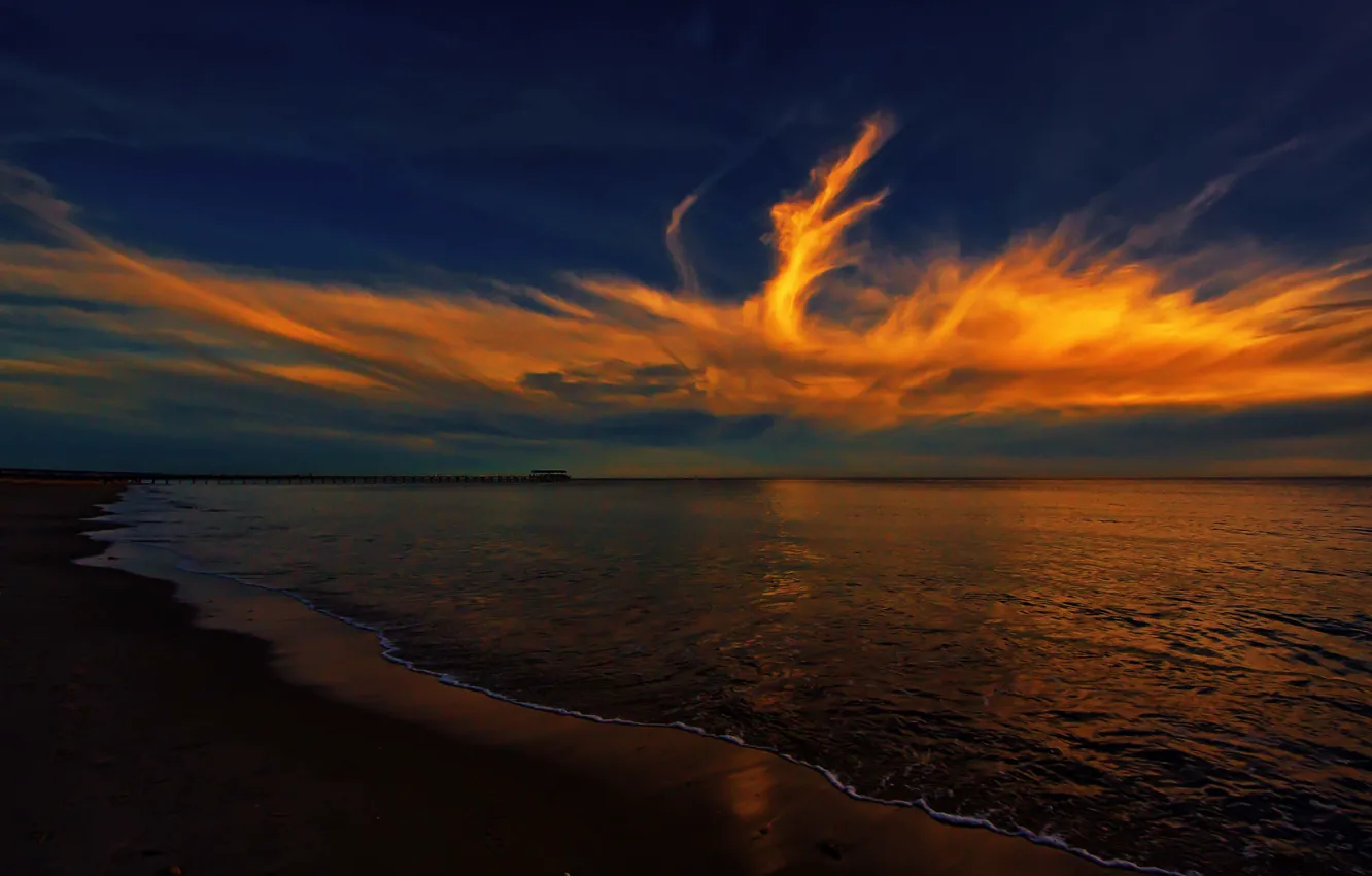 Photo wallpaper sea, the sky, clouds, shore, glow