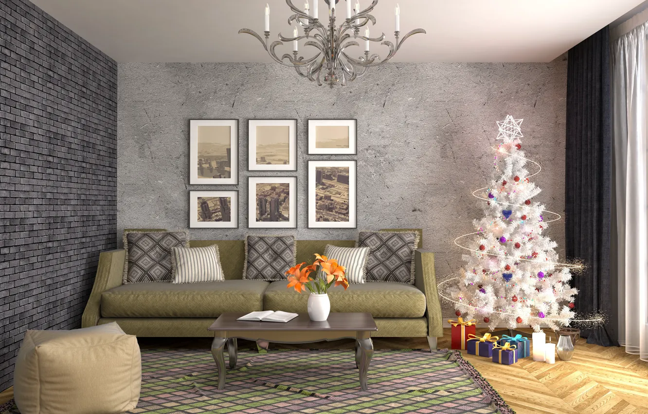 Photo wallpaper decoration, room, sofa, graphics, tree, interior, chandelier, New year