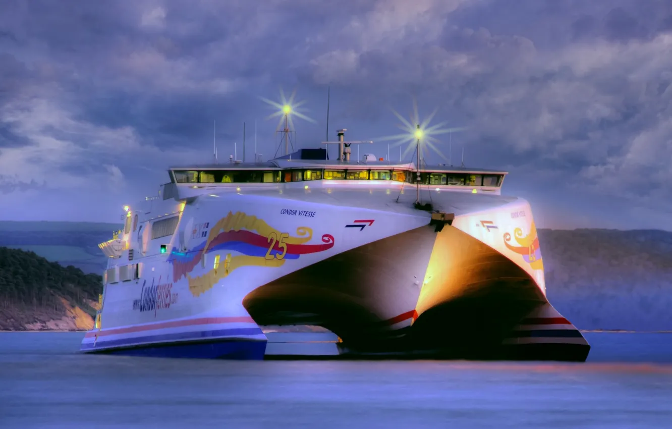 Photo wallpaper sea, clouds, lights, car, trimaran ferry