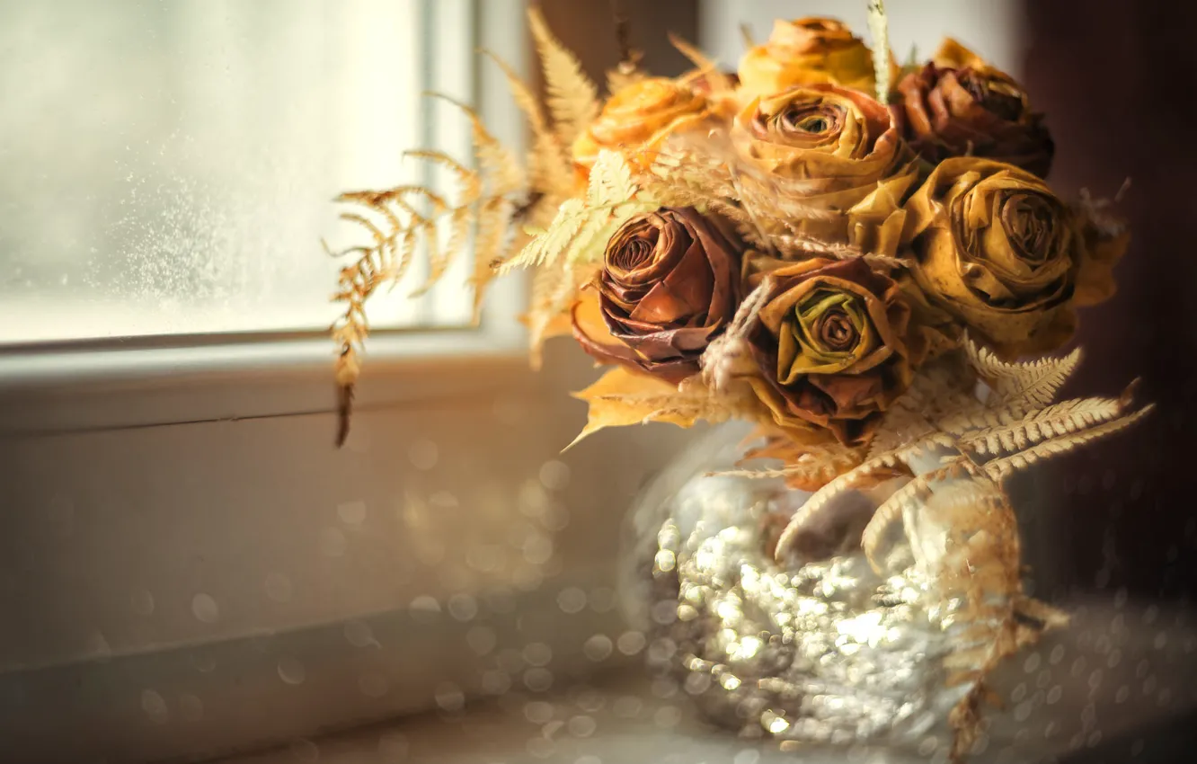 Photo wallpaper light, flowers, roses, bouquet, yellow, dry, window, dry