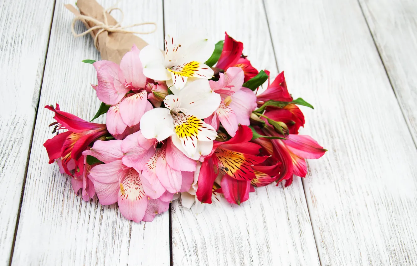 Photo wallpaper flowers, Lily, bouquet, pink, wood, pink, flowers, lily