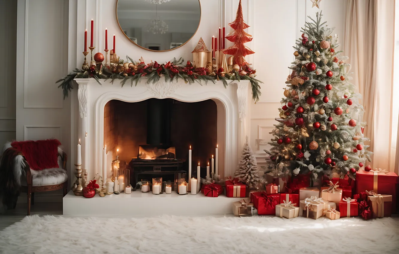 Photo wallpaper decoration, room, gift, tree, new year, interior, Christmas, fireplace