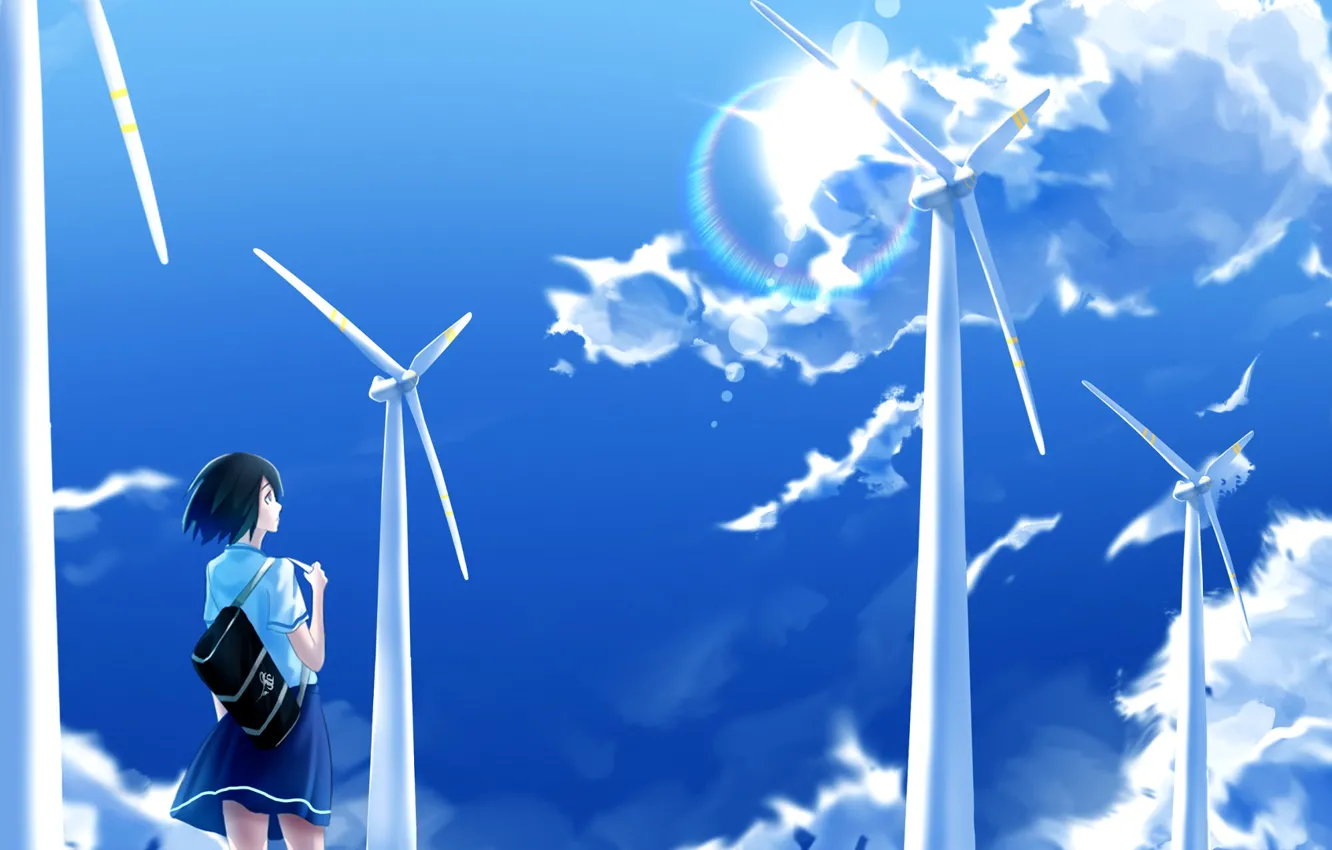 Photo wallpaper the sky, girl, clouds, wind turbines