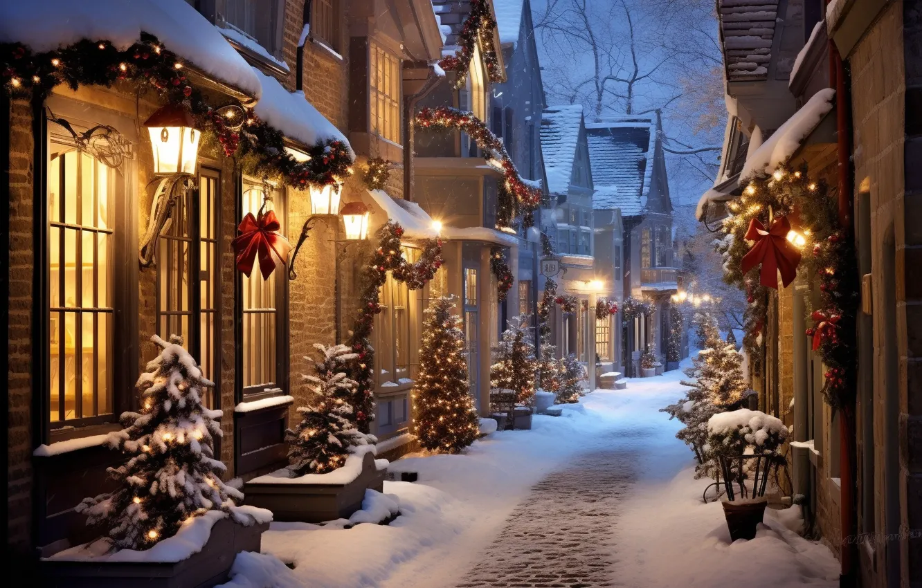 Photo wallpaper winter, snow, decoration, night, the city, lights, balls, street