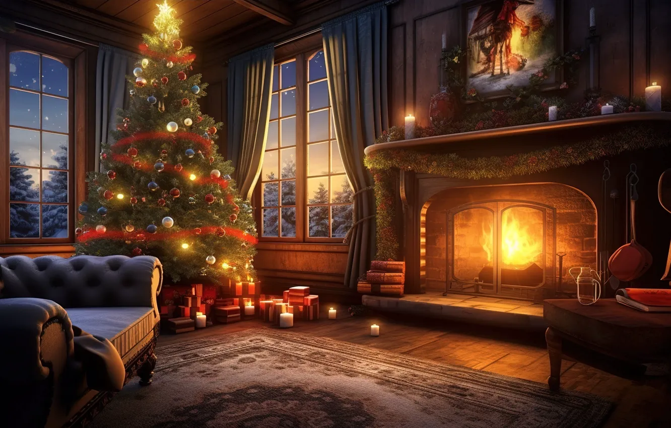 Photo wallpaper winter, decoration, room, balls, tree, interior, New Year, Christmas