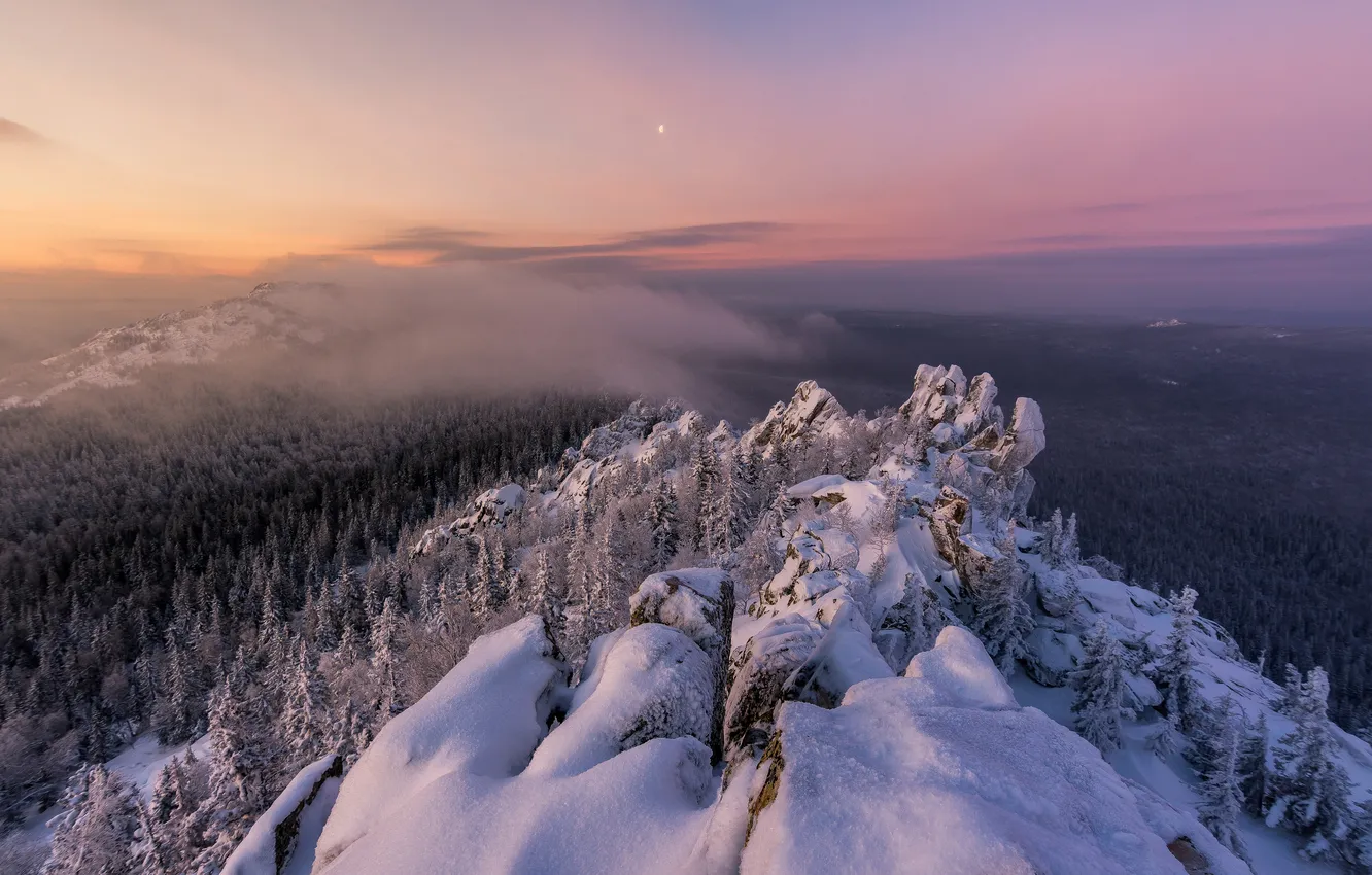 Photo wallpaper snow, mountains, beauty, horizon, space, haze, from the height, Andrey Sharapov