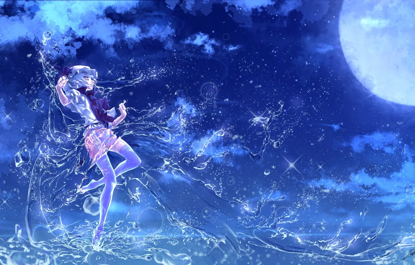 Photo wallpaper water, girl, night, magic, the full moon, touhou, remilia scarlet, art