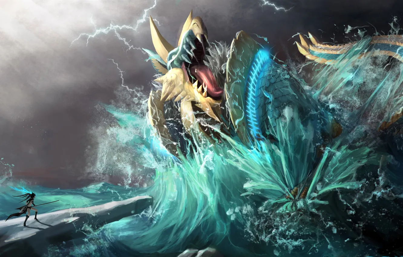 Photo wallpaper sea, wave, girl, lightning, dragon, sword, art, black rock shooter