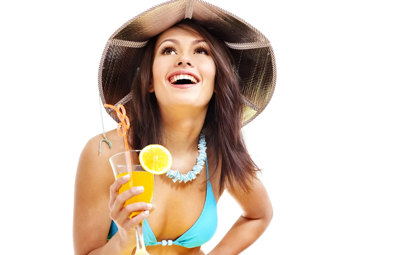 Photo wallpaper smile, glass, hat, brunette, cocktail