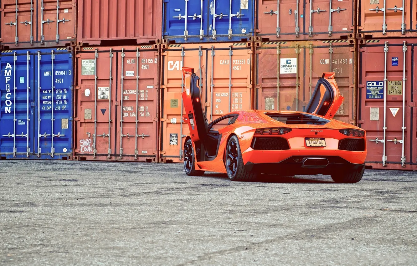 Photo wallpaper orange, Lamborghini, container, rear view, orange, LP700-4, Aventador, Lamborghini