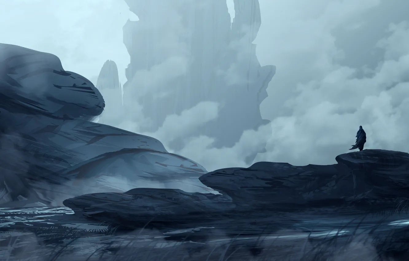 Photo wallpaper landscape, mountains, rocks, figure, people, silhouette, art, landscapes