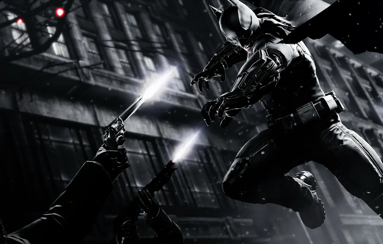 Photo wallpaper The game, Batman, Costume, Fight, Belt, Weapons, Hero, Shooting