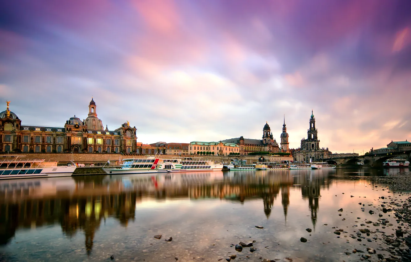 Photo wallpaper the city, river, building, Marina, boats, morning, Germany, Dresden