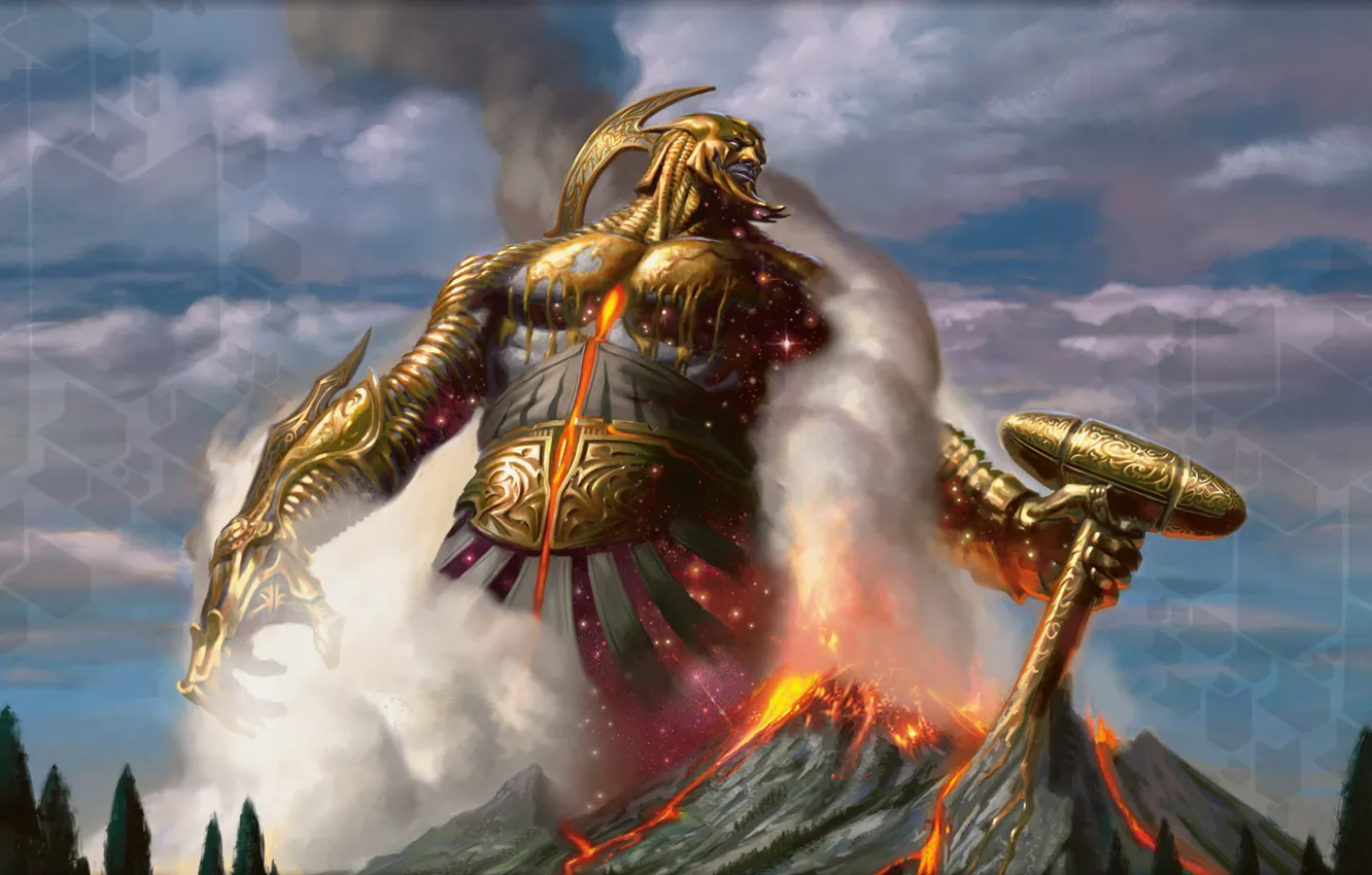 Photo wallpaper gold, smoke, God, armor, the volcano, hammer, lava, Titan
