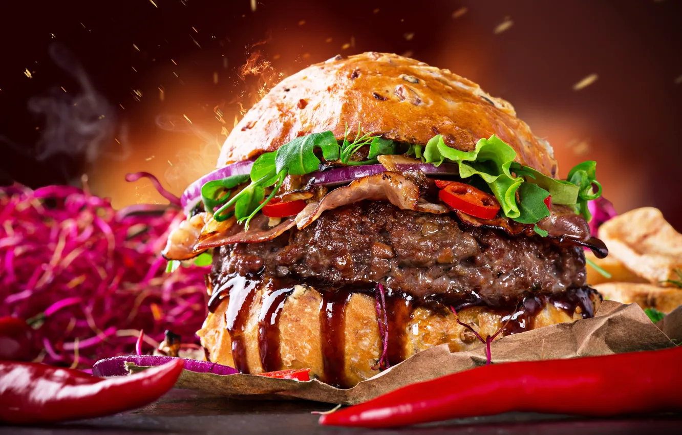 Photo wallpaper greens, blur, bow, meat, pepper, vegetables, Patty, background