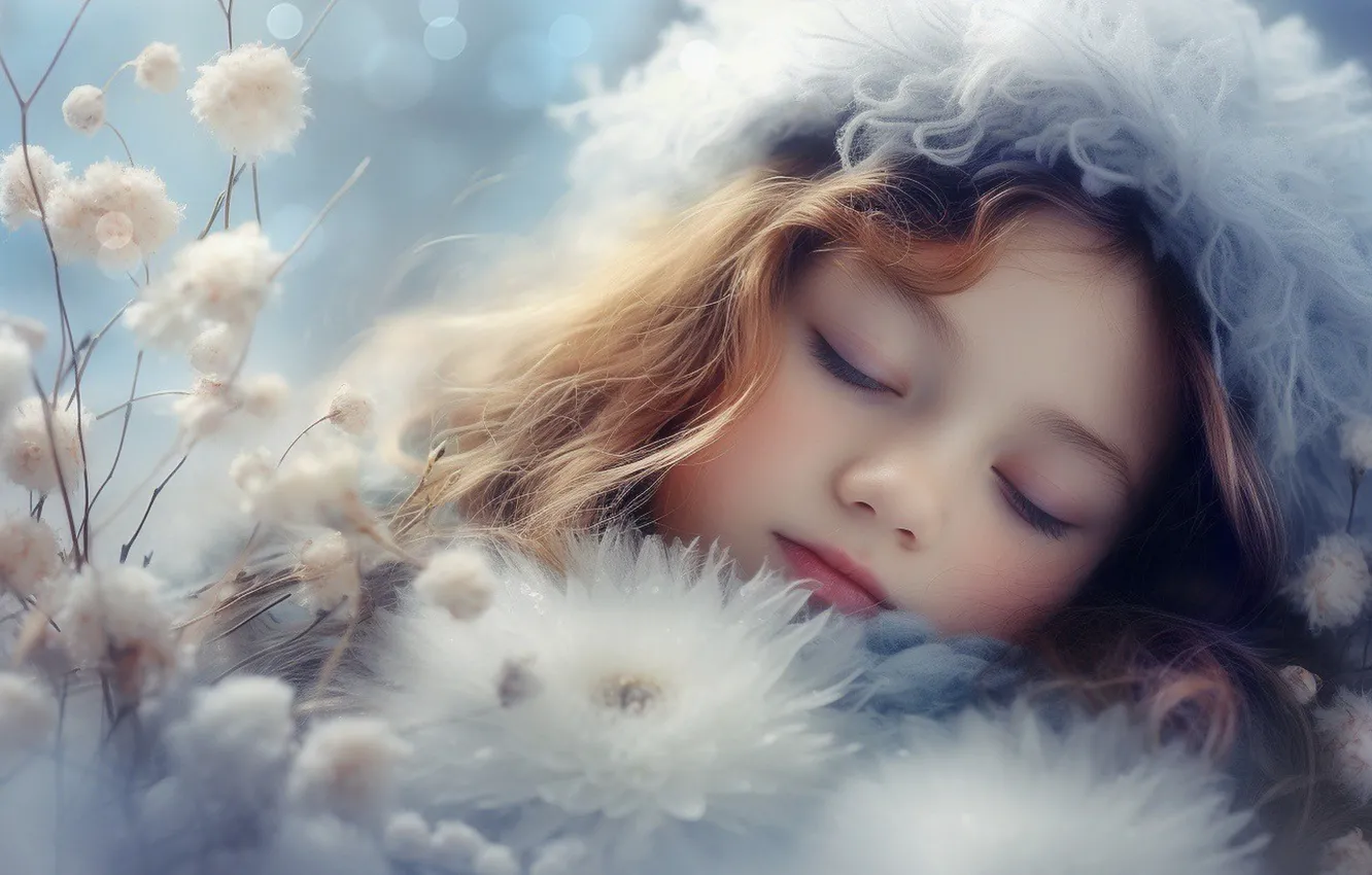 Photo wallpaper winter, snow, flowers, branches, face, tenderness, sleep, sleeping
