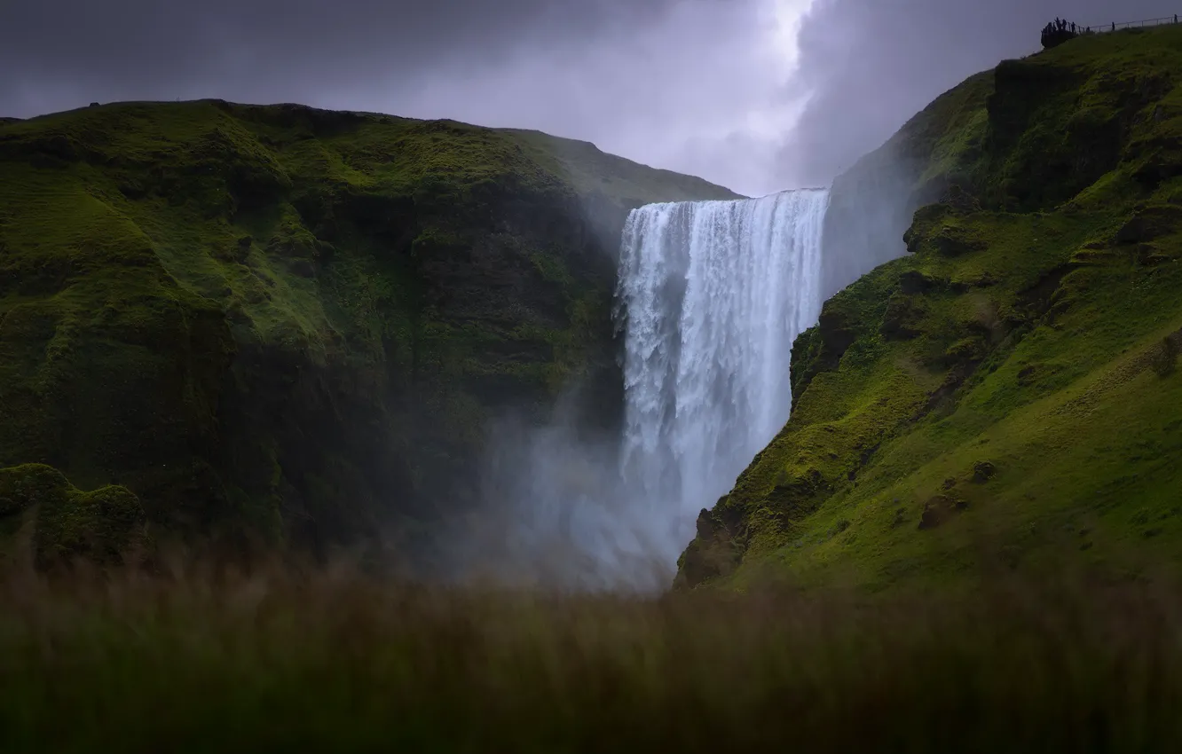 Photo wallpaper grass, mountains, rocks, waterfall, Iceland, bokeh