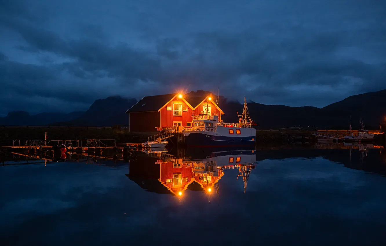 Photo wallpaper mountains, night, reflection, home, pier, Norway, Norway, the fjord