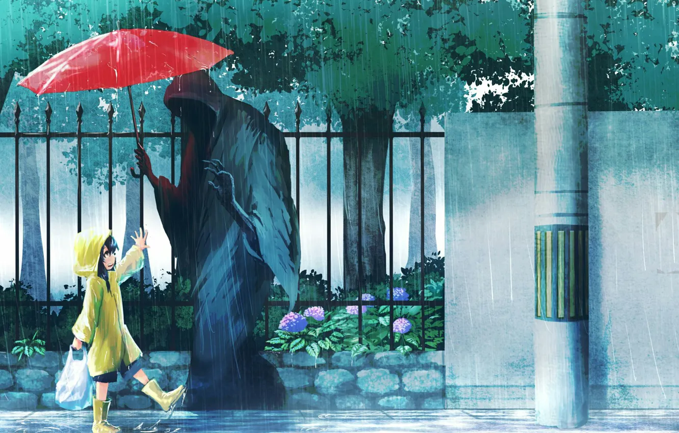 Photo wallpaper gift, Death, the shower, baby, on the street, red umbrella, cloudy day, Sawan