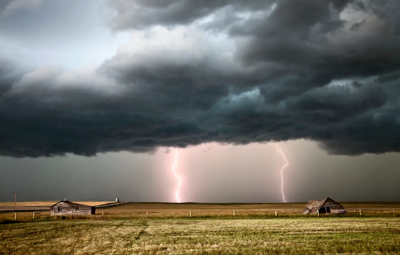 Photo wallpaper field, clouds, lightning, home