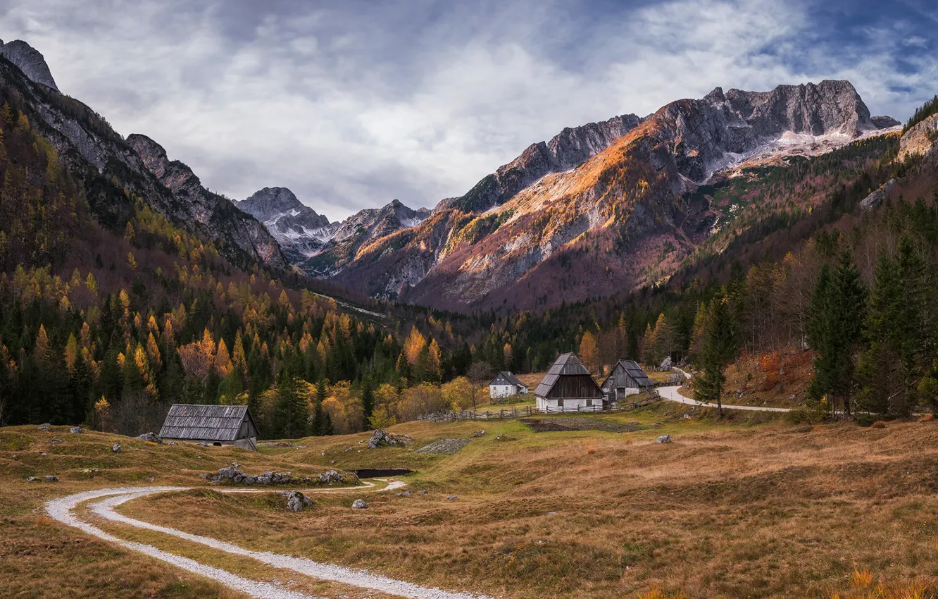 Photo wallpaper autumn, forest, mountains, houses, autumn, mountains, forests, Slovenia