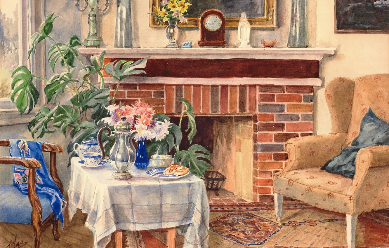 Photo wallpaper chair, the tea party, fireplace, table, Olga Kulikovskaya-Romanova