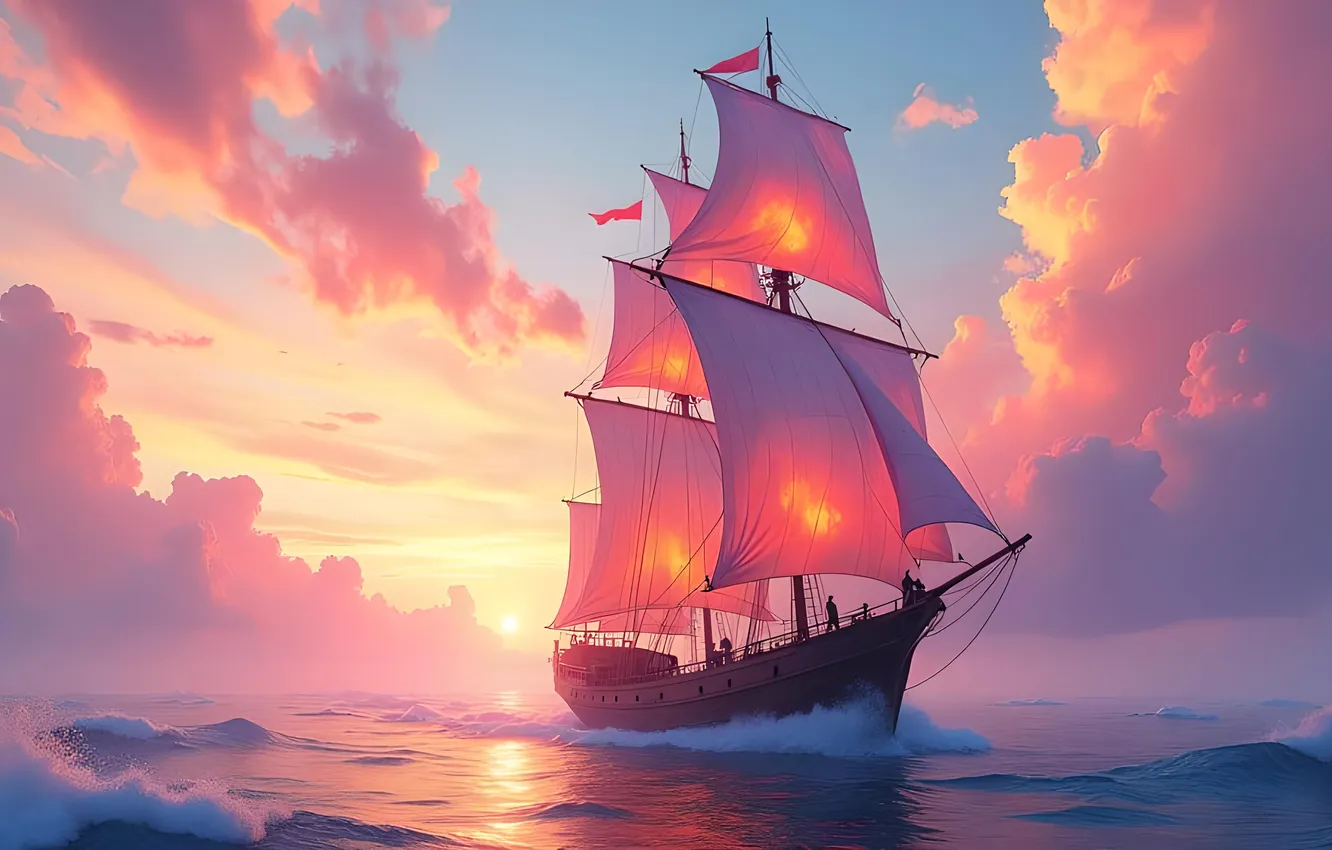 Photo wallpaper sea, painting, ship, sailboat