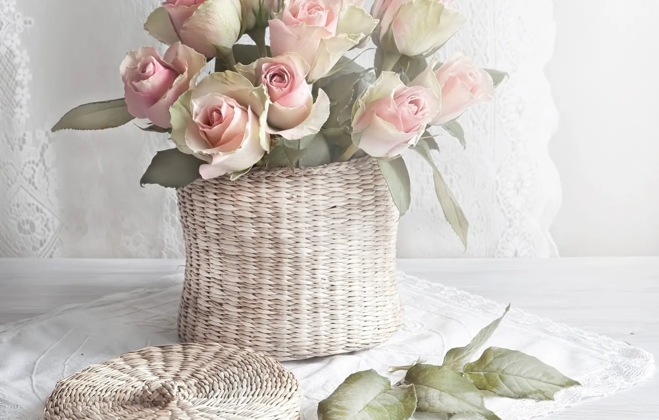 Photo wallpaper roses, bouquet, basket