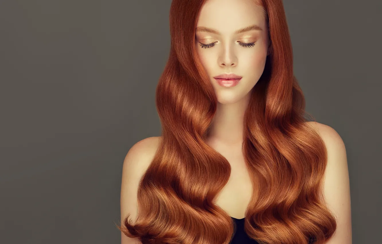 Photo wallpaper background, portrait, makeup, hairstyle, beauty, redhead, curls, in black