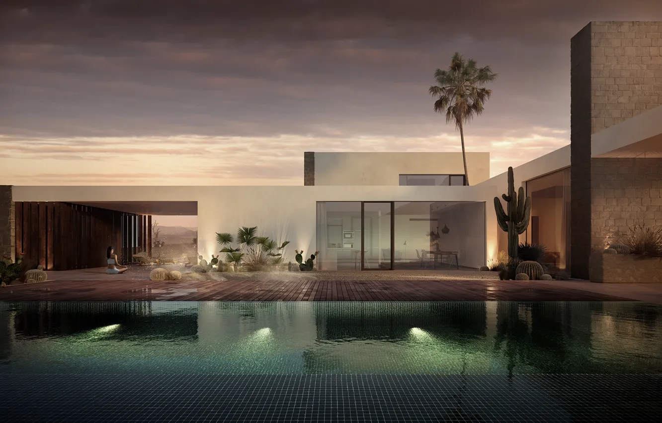 Photo wallpaper palm trees, pool, cactus, architecture, structure