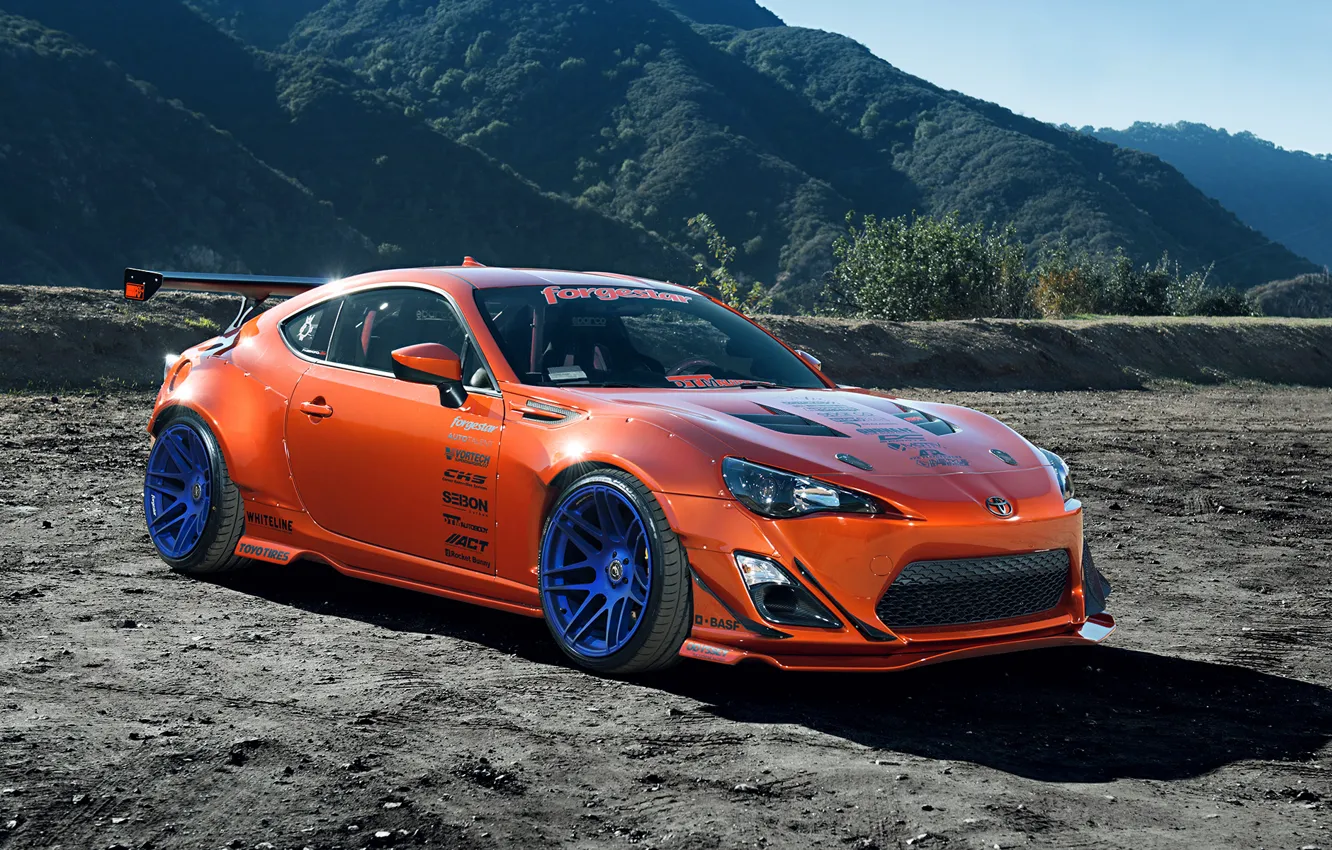 Photo wallpaper Orange, Toyota, Mountain, Style, Tuning, Wheels, Rims, Widebody