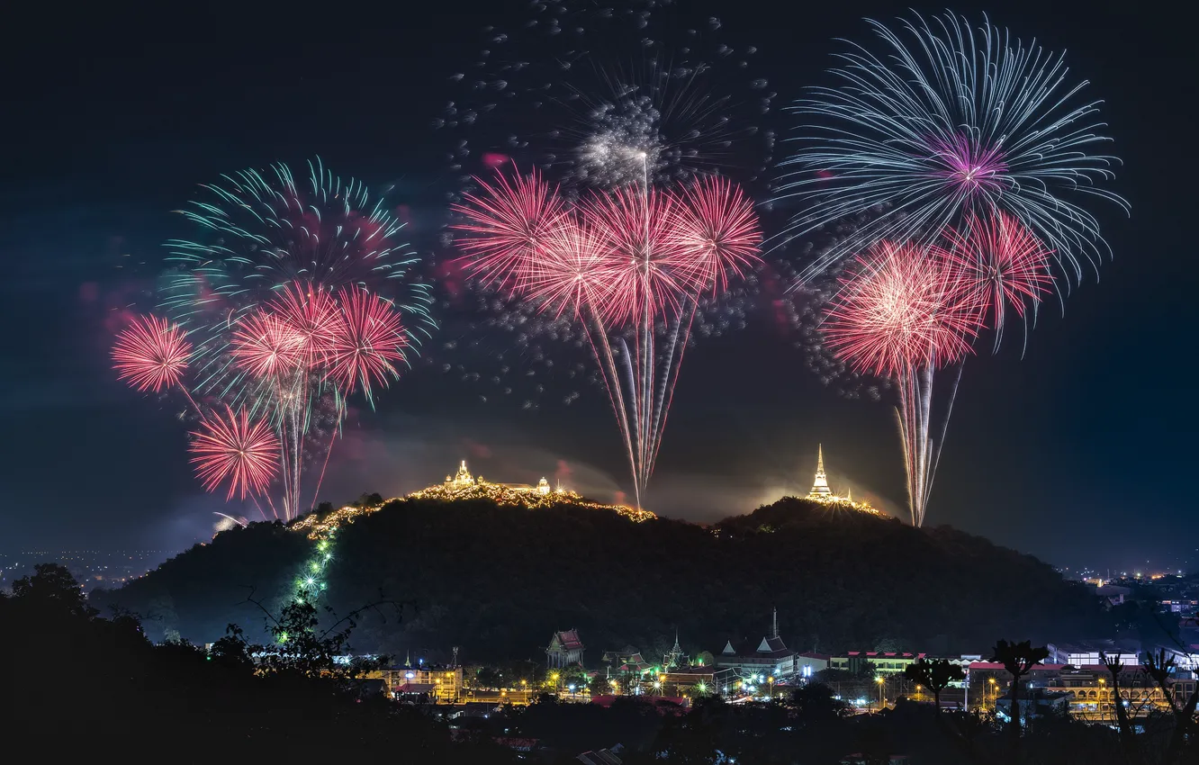 Photo wallpaper landscape, mountains, the city, holiday, the evening, fireworks