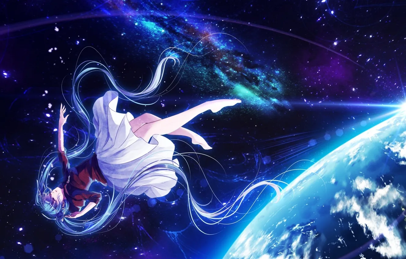 Photo wallpaper girl, space, earth, planet, anime, art, vocaloid, hatsune miku