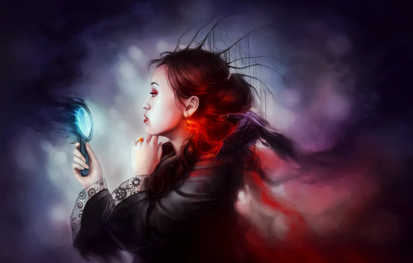 Photo wallpaper girl, bird, magic, earrings, mirror, art, profile, Raven