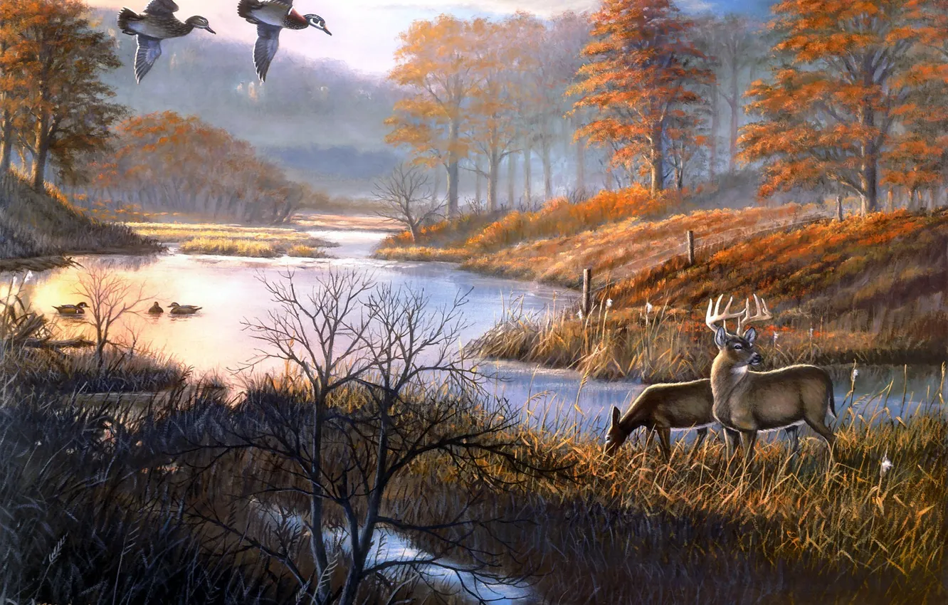 Photo wallpaper autumn, lake, pond, duck, painting, deer, freezing, Duck Pond Woodies